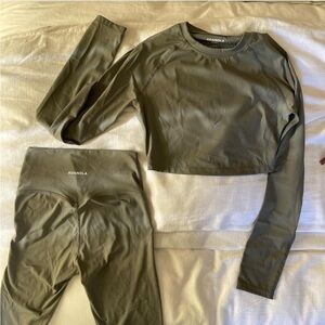 Adanola Olive Green Leggings & Long Sleeve Crop Top Set